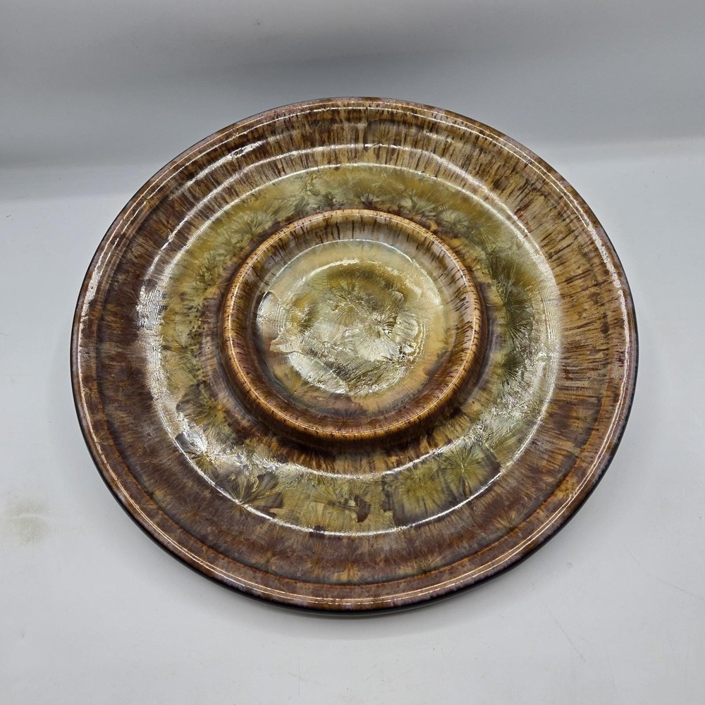 Kent Follette Crystalline Glaze Pottery Bread Oil Chip & Dip Plate Green & Brown